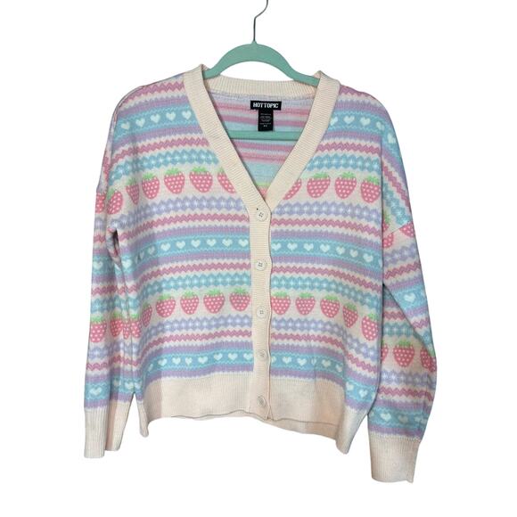 Hot Topic Women’s Cardigan Sweater – XS, Strawberry Knit Pattern, GUC - Picture 1 of 4